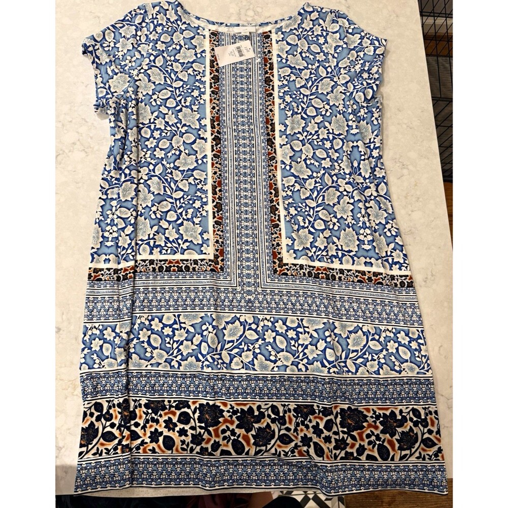 J. Jill Blue White Floral Shift Split Neck Pockets Knee Dress Petite PXL